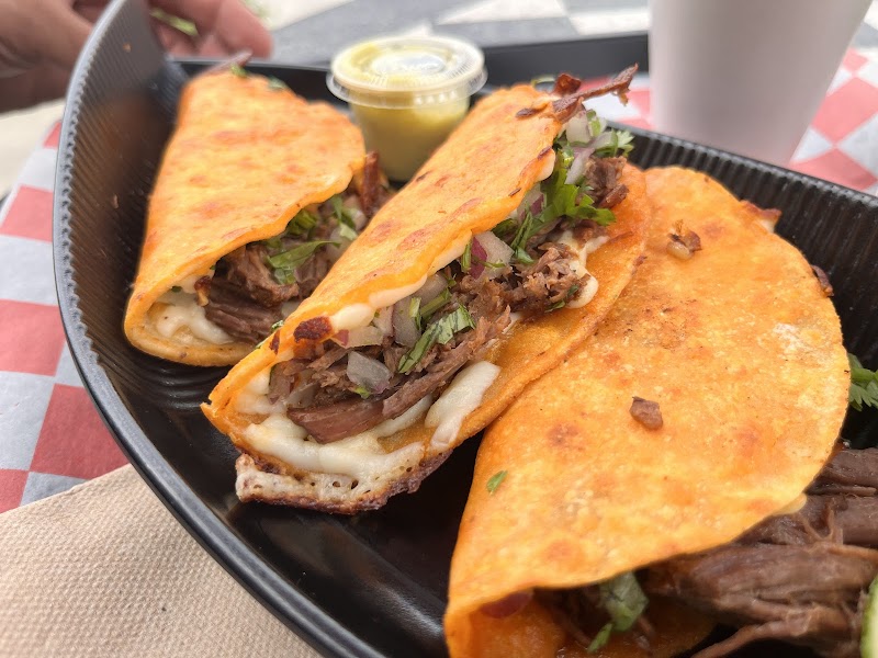 Crispy birria tacos with melted cheese and consomé at Panza Verde